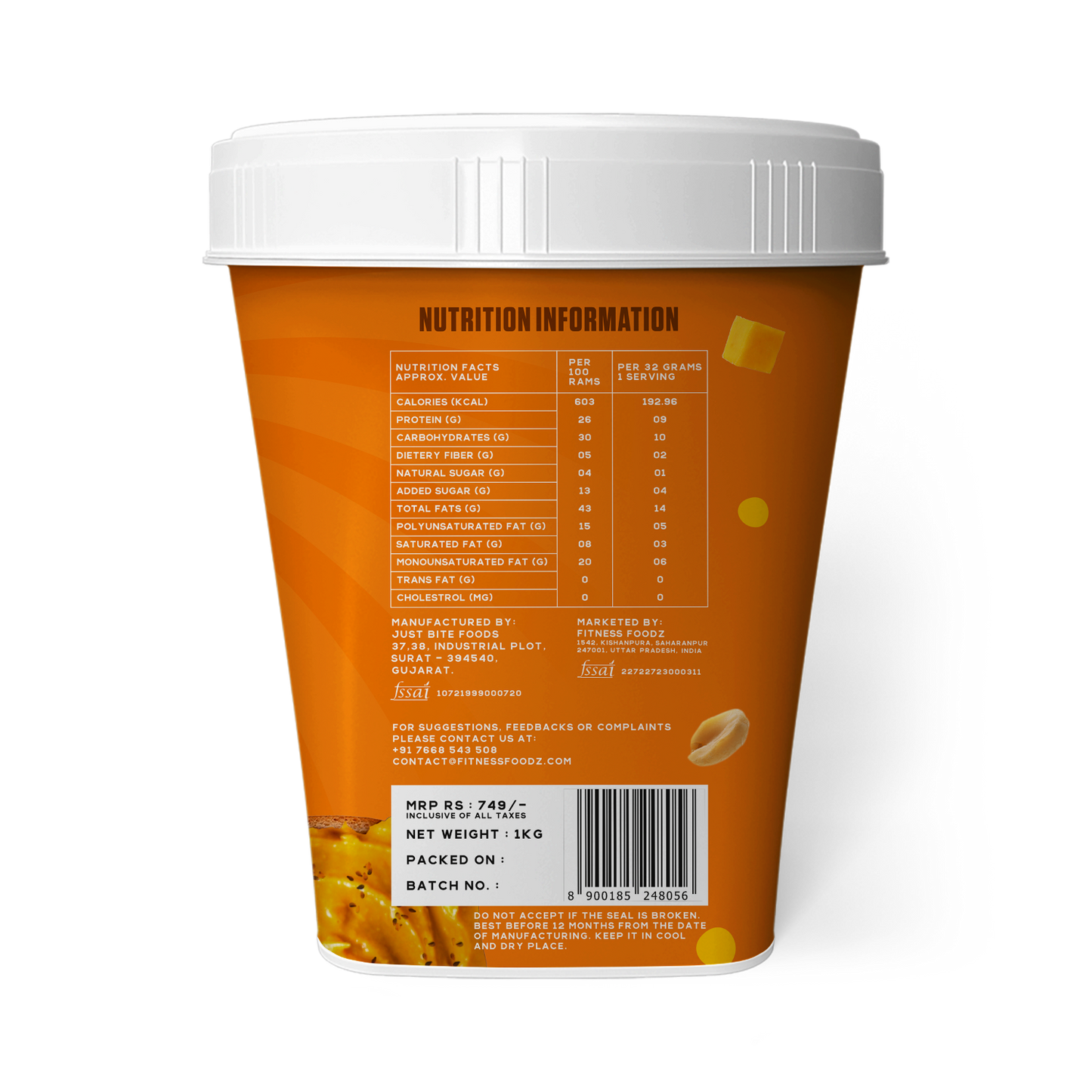 Mango With Chia Seeds Peanut Butter (Creamy, 1Kg) | 26% Protein | No Cholestrol | No Preservatives | No Hydrogenated oils