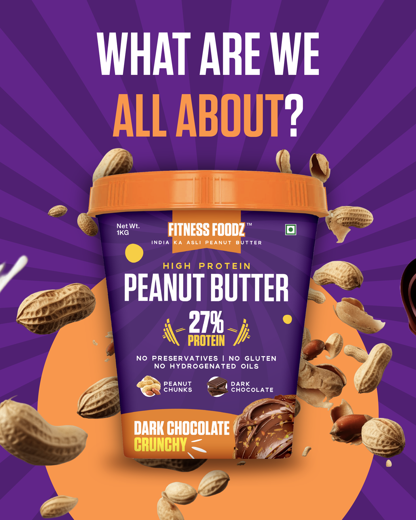 Dark Chocolate Peanut butter (Crunchy, 1Kg) | 27% Protein | No Cholestrol | No Preservatives | No Hydrogenated oils