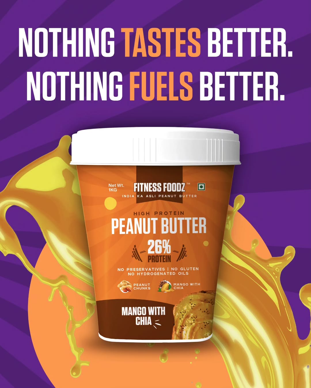 Mango With Chia Seeds Peanut Butter (Creamy, 1Kg) | 26% Protein | No Cholestrol | No Preservatives | No Hydrogenated oils