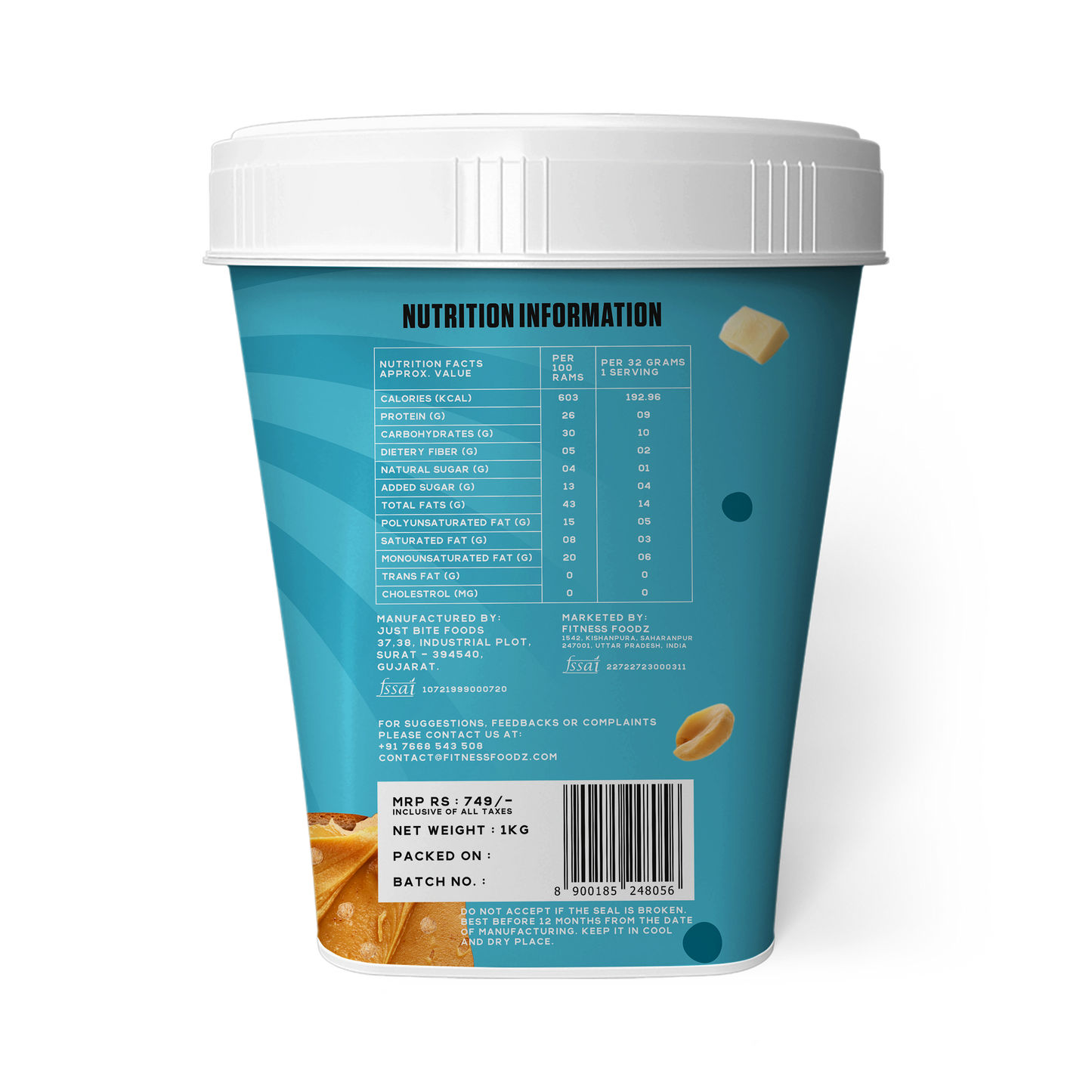 White Chocolate Peanut Butter (Crispy, 1Kg) | 26% Protein | No Cholestrol | No Preservatives | No Hydrogenated oils