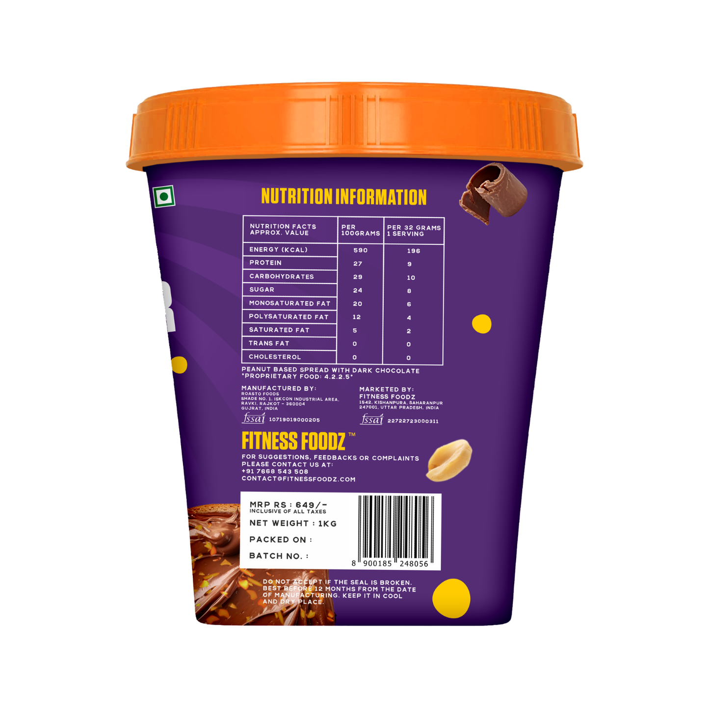 Dark Chocolate Peanut butter (Crunchy, 1Kg) | 27% Protein | No Cholestrol | No Preservatives | No Hydrogenated oils