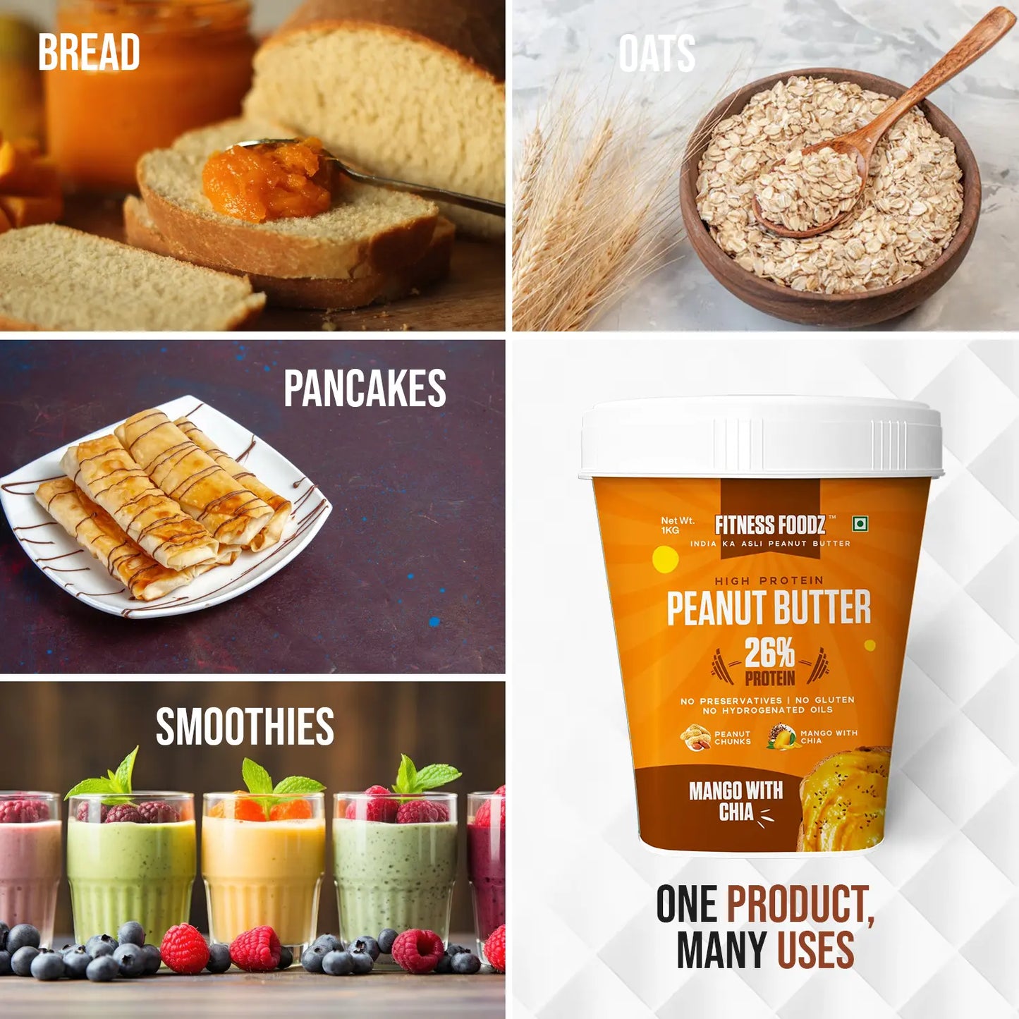 Mango With Chia Seeds Peanut Butter (Creamy, 1Kg) | 26% Protein | No Cholestrol | No Preservatives | No Hydrogenated oils